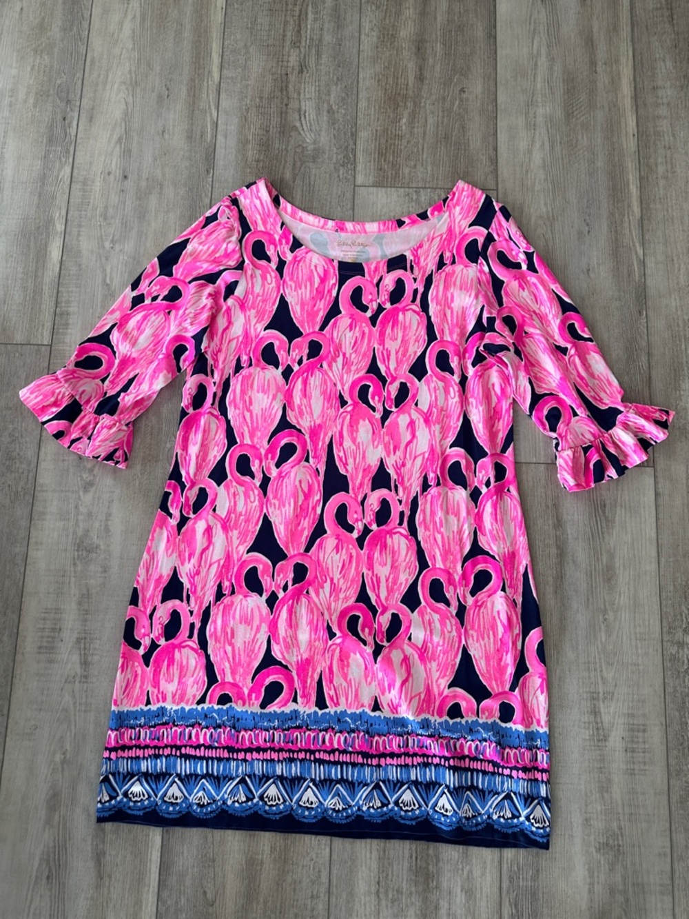 Lilly Pulitzer Pink Flamingo Print Girls Dress with Navy Border
